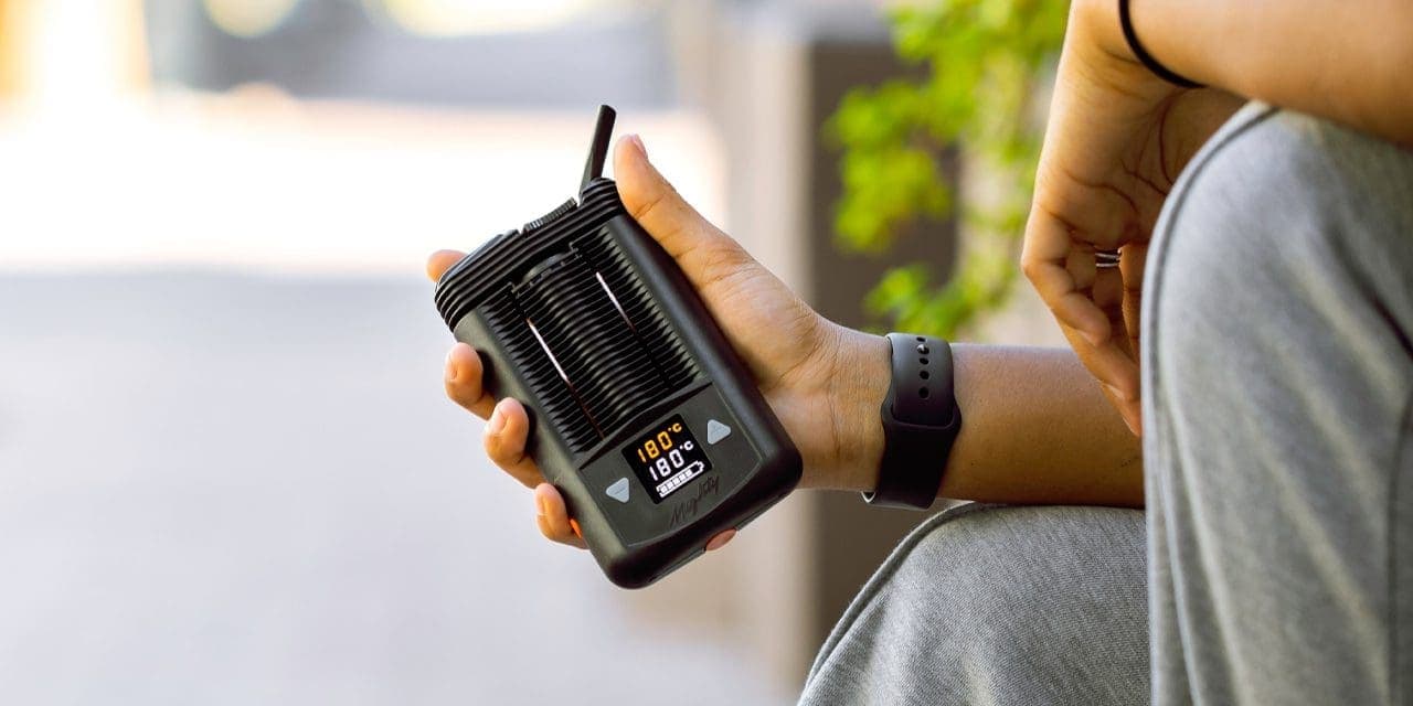 close-up of a hand holding a dry herb vaporizer