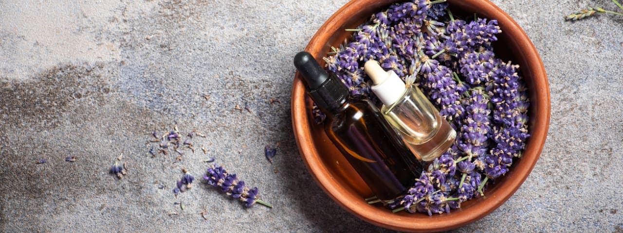 Lavender flowers and lavender oil in a bowl