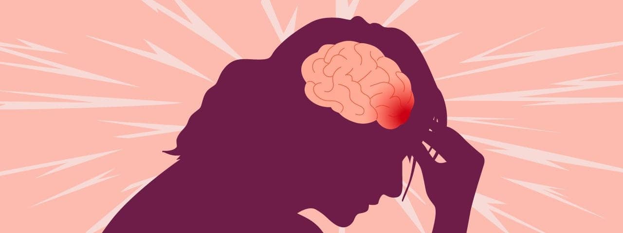A silhouette of a person holding their head in their hand with an overlay of an inflamed brain.