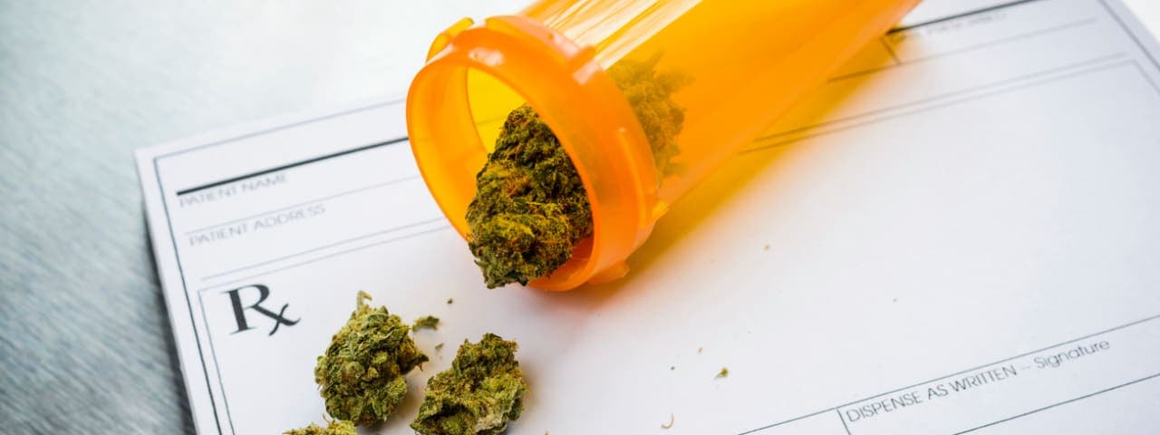 A prescription medical bottle containing cannabis flower