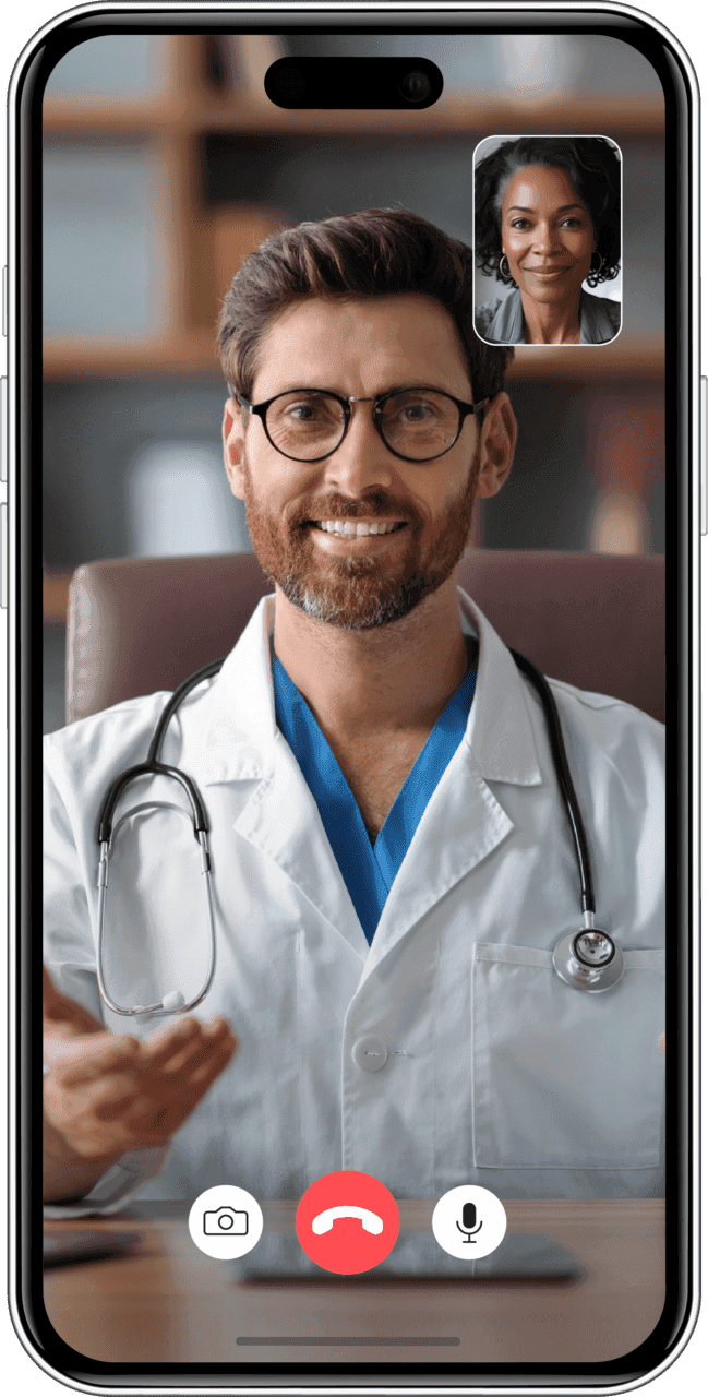 Smartphone mockup of a telehealth call between a male doctor on the main screen and a patient, whose face appears in the upper right corner of the screen