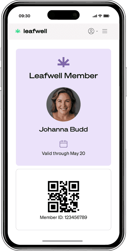 Smartphone screen mockup of the Leafwell user platform showing a Leafwell Member virtual ID card with a profile picture, name, and QR code/membership ID
